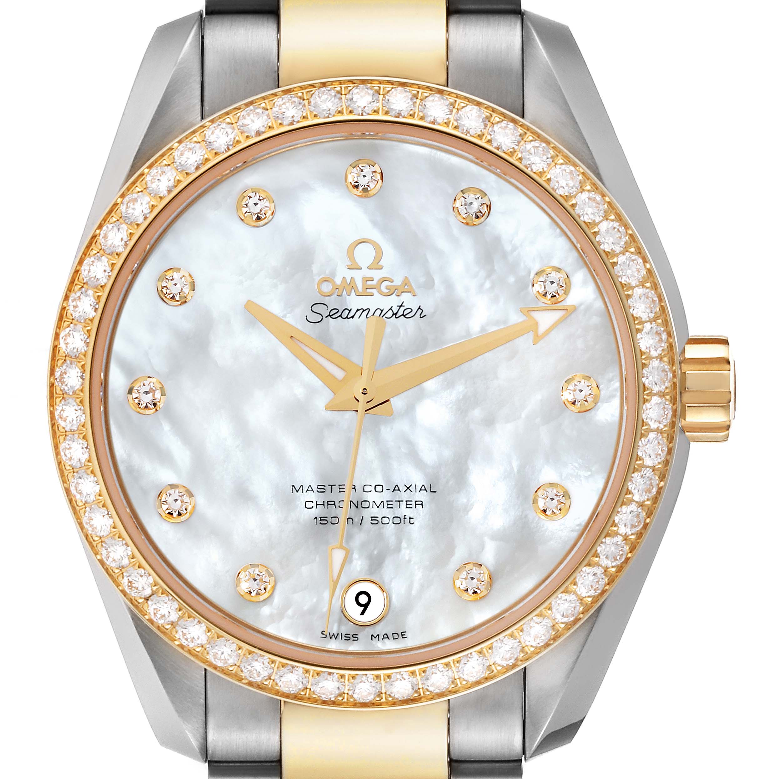 This image shows a frontal view of the Omega 231.25.39.21.55.002 Women's Stainless Steel Mother of Pearl Dial 231.25.39.21.55.002 Women's Stainless Steel Mother of Pearl Dial Aqua Terra Steel Yellow Gold Diamond Watch 231.25.39.21.55.002, highlighting its dial and bezel.