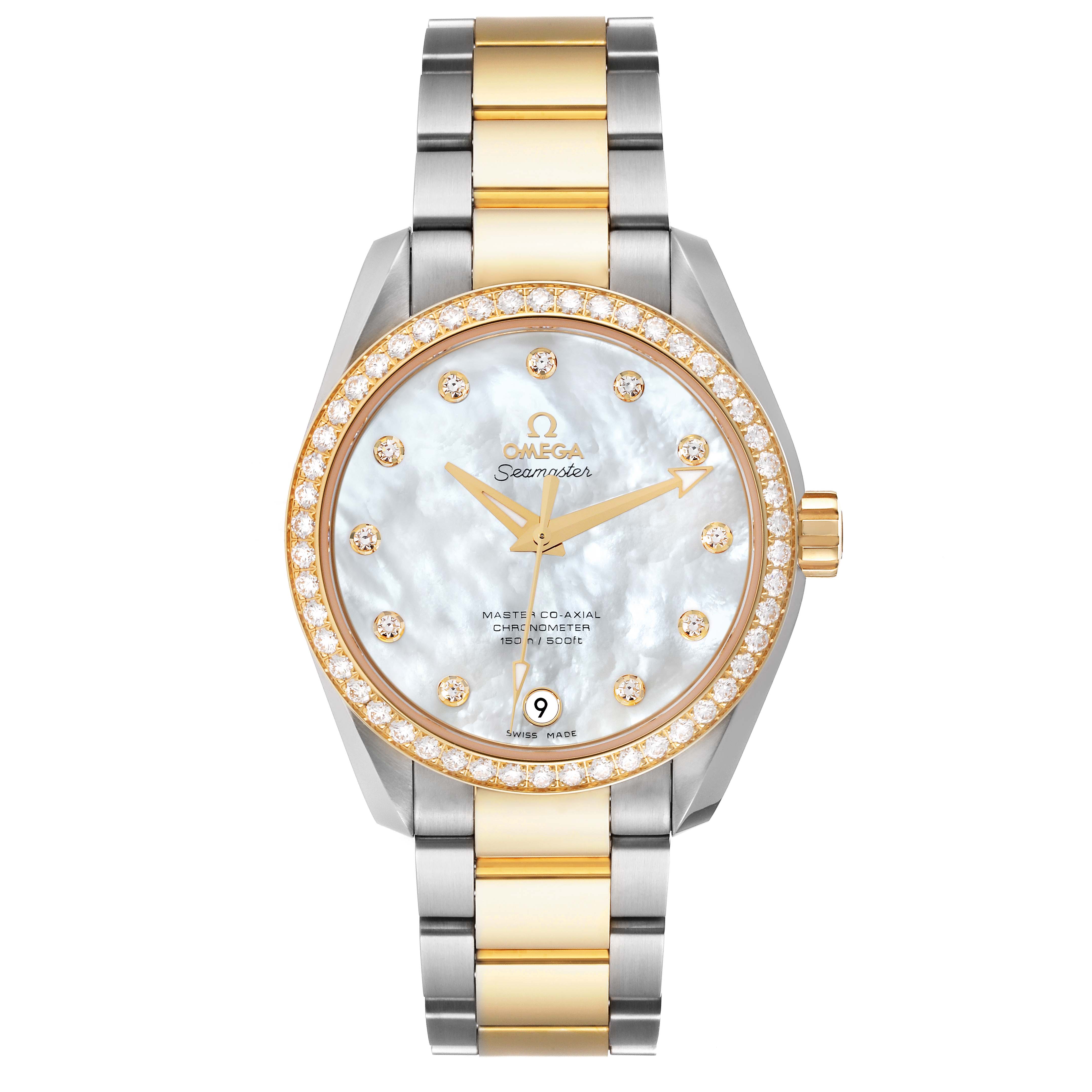 The image shows a frontal view of the Omega 231.25.39.21.55.002 Women's Stainless Steel Mother of Pearl Dial 231.25.39.21.55.002 Women's Stainless Steel Mother of Pearl Dial Aqua Terra Steel Yellow Gold Diamond Watch 231.25.39.21.55.002.