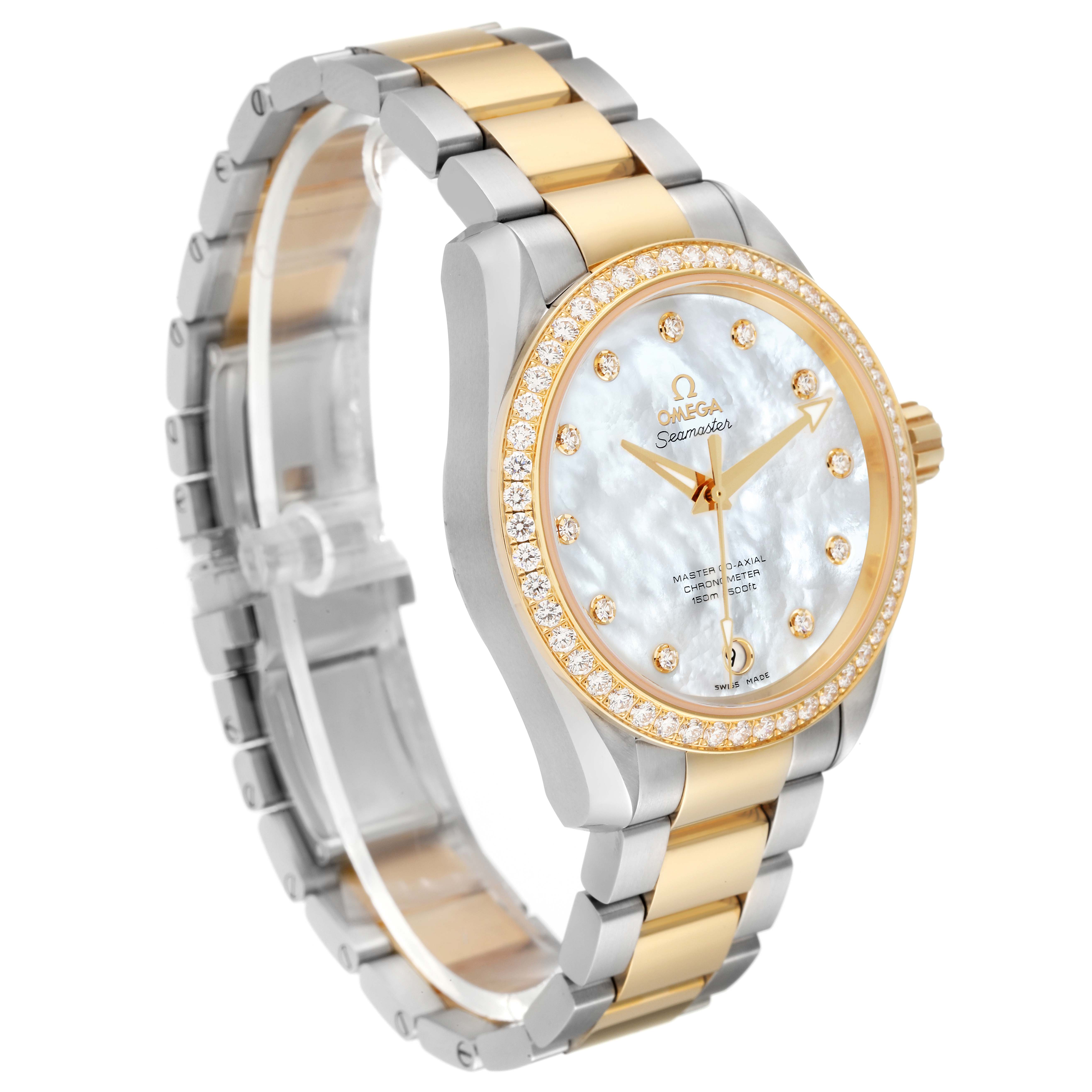 The Omega 231.25.39.21.55.002 Women's Stainless Steel Mother of Pearl Dial 231.25.39.21.55.002 Women's Stainless Steel Mother of Pearl Dial Aqua Terra Steel Yellow Gold Diamond Watch 231.25.39.21.55.002 is shown at a front-side angle.