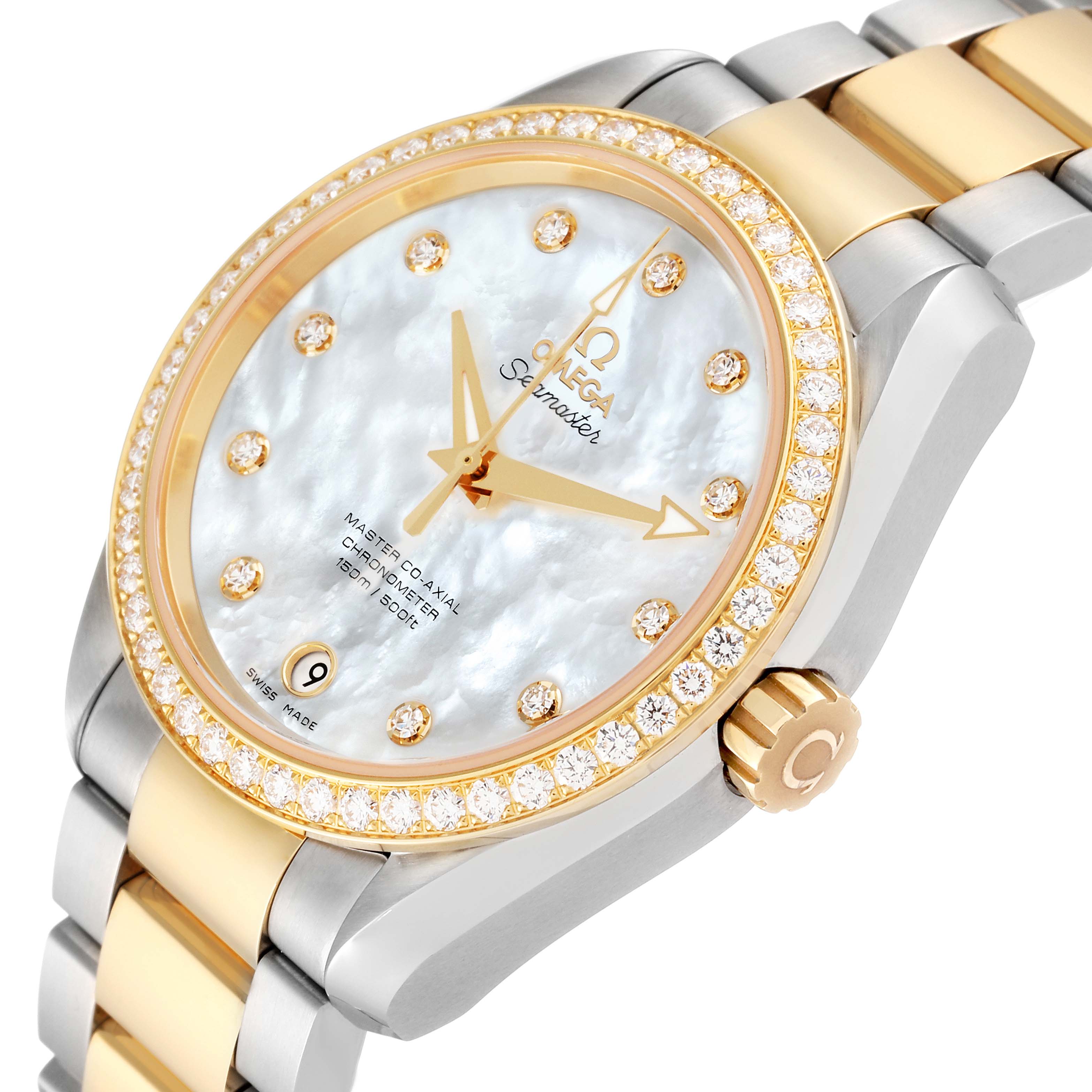 The image shows an Omega 231.25.39.21.55.002 Women's Stainless Steel Mother of Pearl Dial 231.25.39.21.55.002 Women's Stainless Steel Mother of Pearl Dial Aqua Terra Steel Yellow Gold Diamond Watch 231.25.39.21.55.002 from an oblique angle, highlighting the dial, bezel, and bracelet.