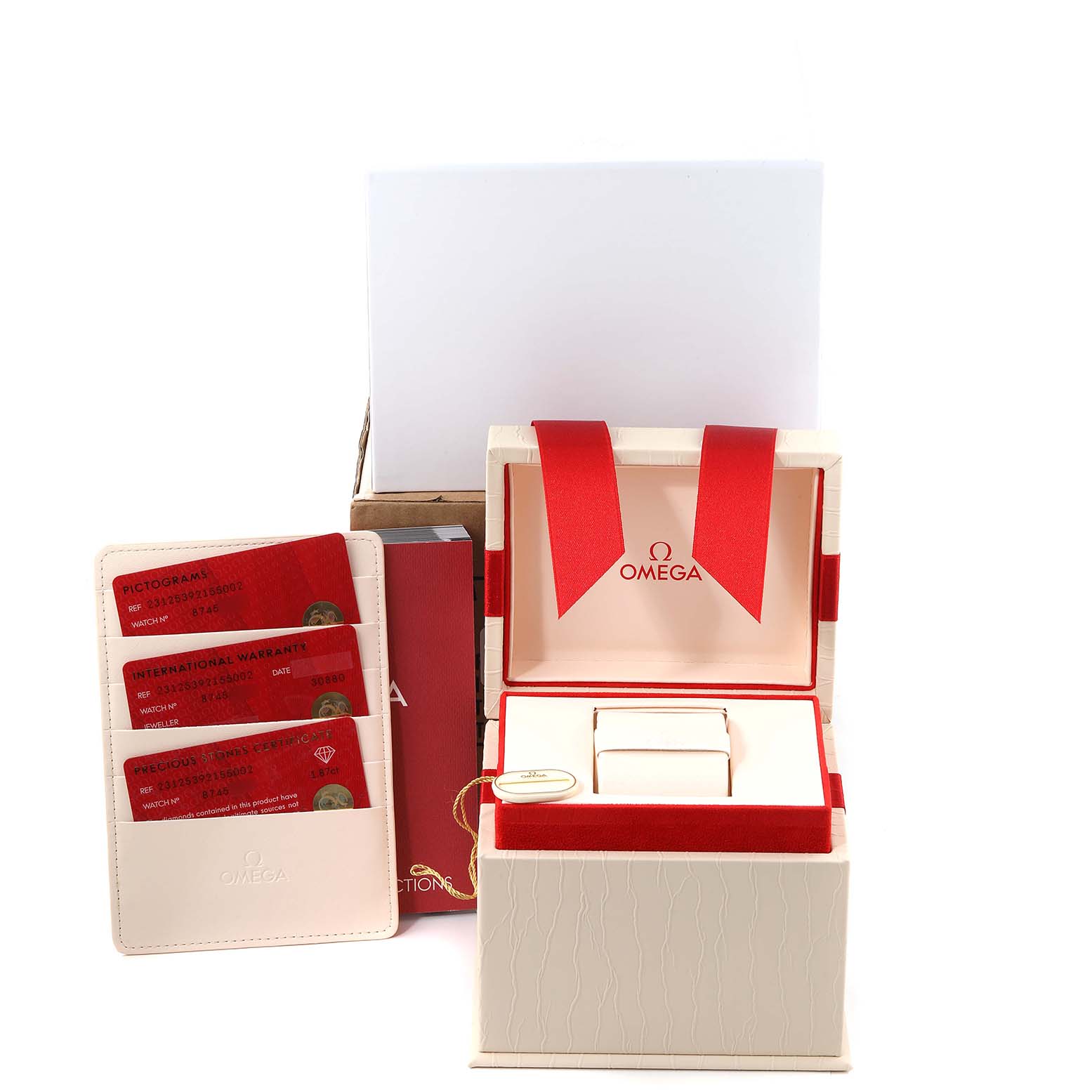 The image shows the packaging and documentation of the Omega 231.25.39.21.55.002 Women's Stainless Steel Mother of Pearl Dial 231.25.39.21.55.002 Women's Stainless Steel Mother of Pearl Dial Aqua Terra Steel Yellow Gold Diamond Watch 231.25.39.21.55.002 Unworn model.