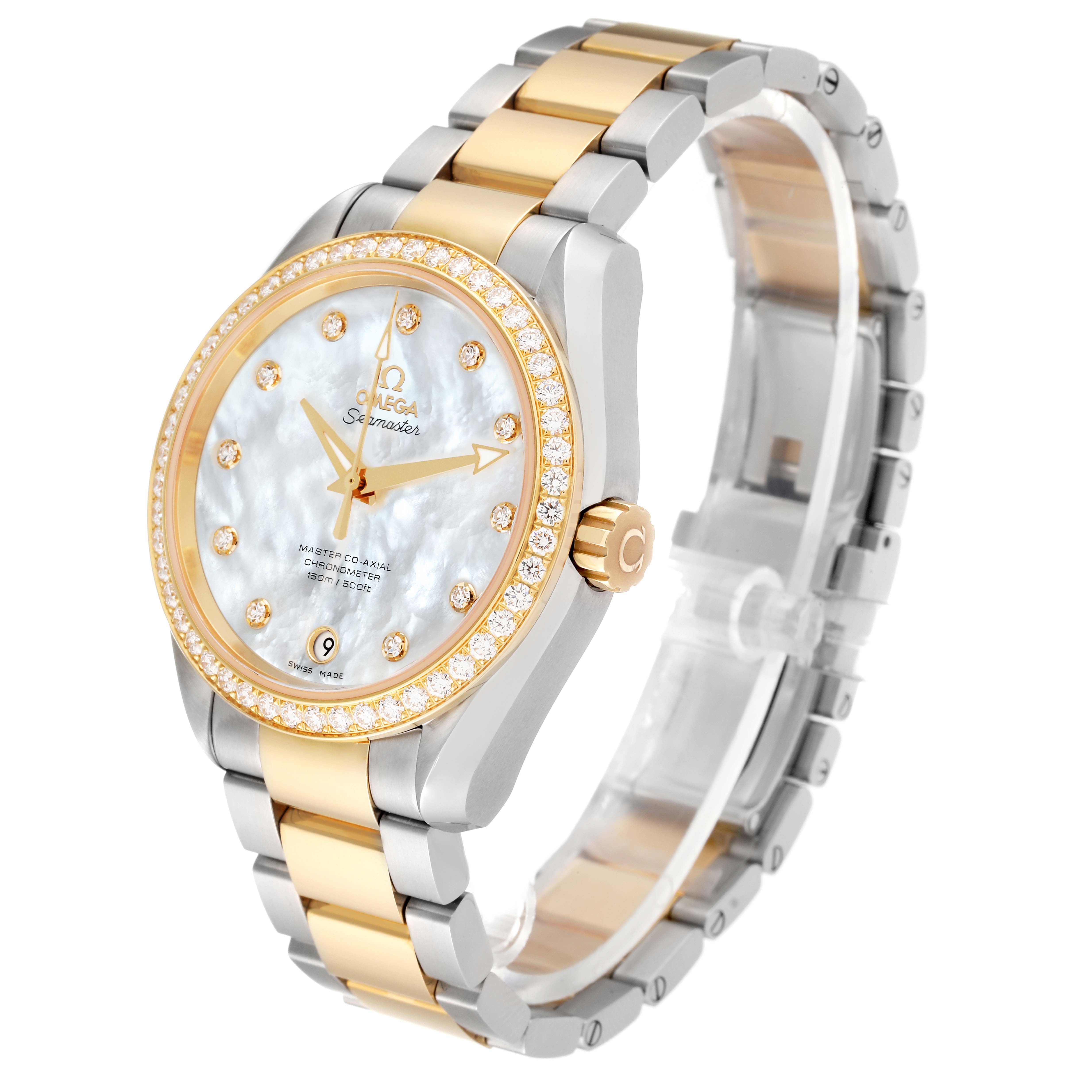 The Omega 231.25.39.21.55.002 Women's Stainless Steel Mother of Pearl Dial 231.25.39.21.55.002 Women's Stainless Steel Mother of Pearl Dial Aqua Terra Steel Yellow Gold Diamond Watch 231.25.39.21.55.002 is shown at a three-quarter angle, displaying the face, bracelet, and clasp.