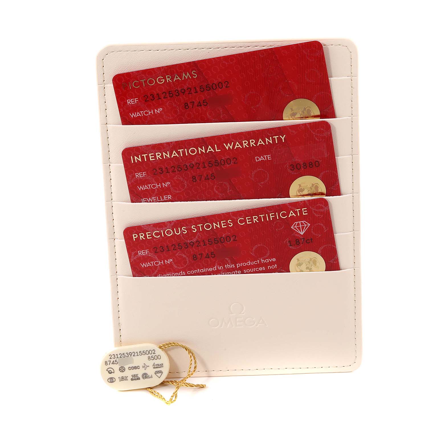 The image shows warranty and certification cards in a white holder for the Omega 231.25.39.21.55.002 Women's Stainless Steel Mother of Pearl Dial 231.25.39.21.55.002 Women's Stainless Steel Mother of Pearl Dial Aqua Terra Steel Yellow Gold Diamond Watch 231.25.39.21.55.002 Unworn model.