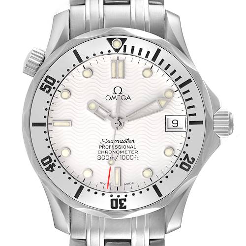 The Omega Seamaster 2552.20.00 Men's Stainless Steel White Dial 2552.20.00 Men's Stainless Steel White Dial watch is shown from a front angle, highlighting the dial, bezel, and bracelet.