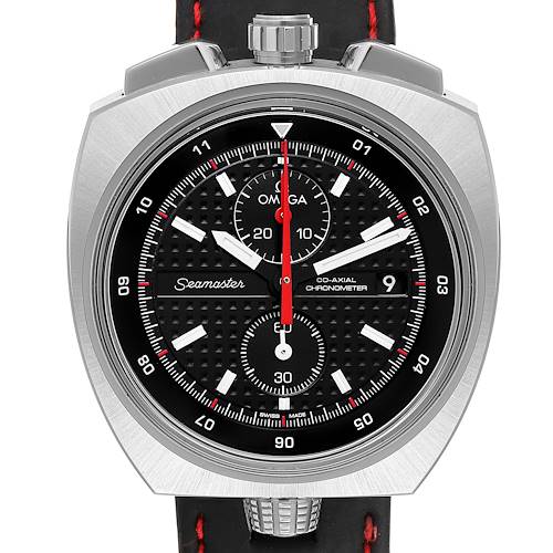 The image shows a front view of an Omega Seamaster 225.12.43.50.01.001 Men's Stainless Steel Black Dial 225.12.43.50.01.001 Men's Stainless Steel Black Dial watch, highlighting its dial, bezel, and leather strap.