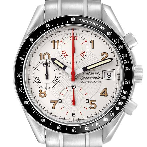 The Omega Speedmaster 3513.33.00 Men's Stainless Steel Silver Dial 3513.33.00 Men's Stainless Steel Silver Dial watch is shown from a front angle, highlighting the dial, hands, subdials, and tachymeter bezel.