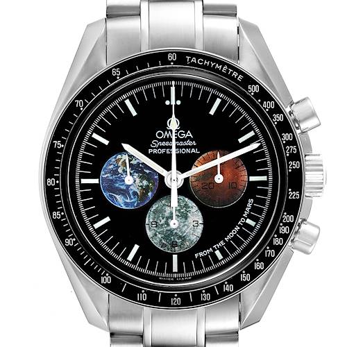 The image shows a front view of the Omega Speedmaster 3577.50.00 Men's Stainless Steel Black Dial 3577.50.00 Men's Stainless Steel Black Dial watch, highlighting its dial with multiple sub-dials and a tachymeter bezel.