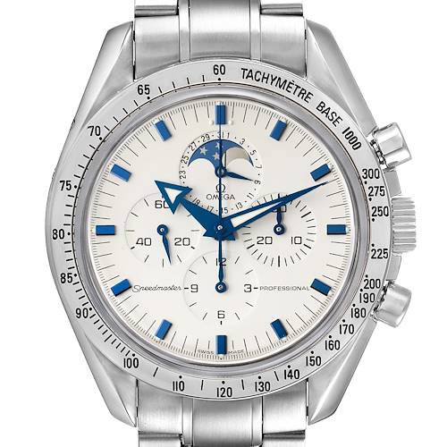 The Omega Speedmaster 3575.20.00 Men's Stainless Steel White Dial 3575.20.00 Men's Stainless Steel White Dial watch is shown from the front, highlighting its dial, subdials, moonphase, tachymeter, and stainless steel bracelet.