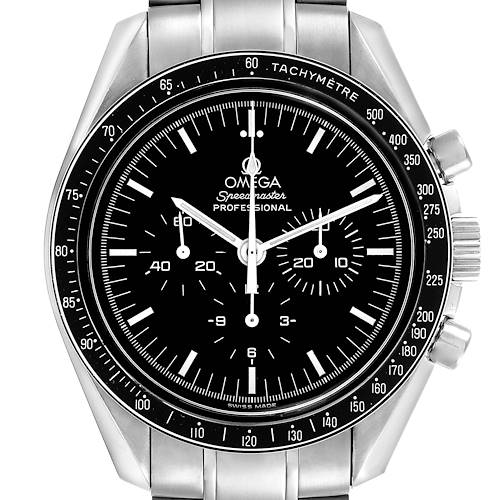 The Omega Speedmaster 3570.50.00 Men's Stainless Steel Black Dial 3570.50.00 Men's Stainless Steel Black Dial watch is shown from the front, displaying the dial, bezel, and chronograph sub-dials.