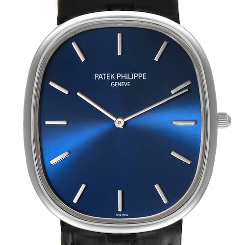 The image shows a frontal view of the Patek Philippe Golden Ellipse 5738P-001 Men's Platinum Blue Dial 5738P-001 Men's Platinum Blue Dial watch, highlighting its blue dial and elliptical case.