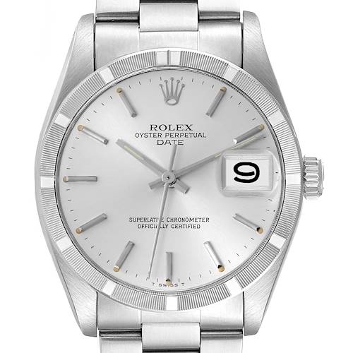 The Rolex Date model watch is shown face-on, highlighting the dial, bezel, crown, and bracelet front.