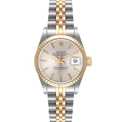 This is a Rolex Date 69173 Women's Steel and Gold (two tone) Silver Dial 69173 Women's Steel and Gold (two tone) Silver Dialjust watch shown from the front, displaying its dial, bezel, bracelet, and date window.