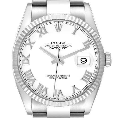 The Rolex Datejust 41 126334 Men's Stainless Steel White Dial 126334 Men's Stainless Steel White Dial is shown from a front angle highlighting the dial, fluted bezel, and bracelet.
