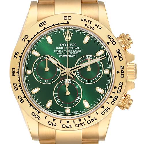 This image shows a front view of the Rolex Daytona 116508 Men's Yellow Gold Green Dial 116508 Men's Yellow Gold Green Dial watch featuring a green dial and gold case.