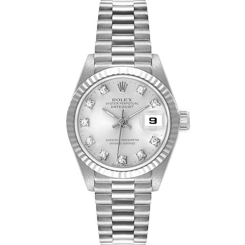 The image shows a front view of the Rolex President 69179 Women's White Gold Silver Dial 69179 Women's White Gold Silver Dial Datejust watch, highlighting its dial, bezel, and bracelet.