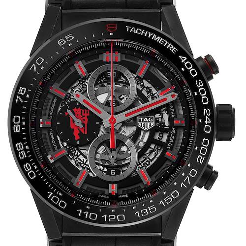 This image shows the face of the Tag Heuer Carrera Heuer-01 Limited Edition watch with detailed chronograph features and a tachymeter bezel.