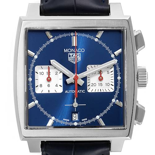 The image shows a front view of the Tag Heuer Monaco CBL2111.FC6453 Men's Stainless Steel Blue Dial CBL2111.FC6453 Men's Stainless Steel Blue Dial watch, highlighting its blue face, two subdials, and a date window.