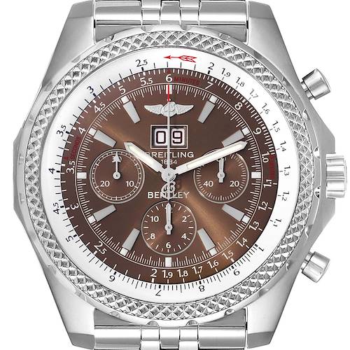 The image shows a front view of the Breitling Bentley A44362 Men's Stainless Steel Brown Dial A44362 Men's Stainless Steel Brown Dial model watch, highlighting its brown dial, chronograph subdials, and stainless steel case and bracelet.