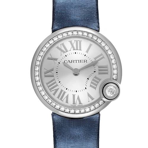 The Cartier Ballon Blanc W4BL0003 Women's Stainless Steel Silver Dial watch is shown from a top-down angle, highlighting its diamond bezel and blue strap.