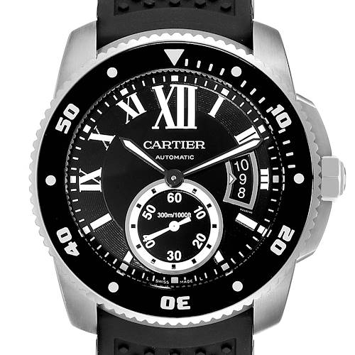 This image shows a front view of the Calibre de Cartier watch by Cartier, highlighting its dial, bezel, and crown.