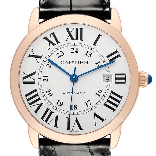 The Cartier Ronde W6701009 Men's Steel and Gold (two tone) Silver Dial watch is shown from a front angle, highlighting the dial, hands, crown, and part of the strap.