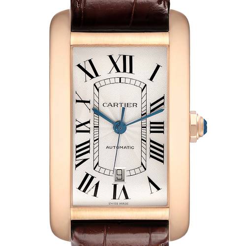 The Cartier Tank Americaine W2609856 Men's Rose Gold Silver Dial watch is shown from the front, displaying the dial, roman numerals, and leather strap.