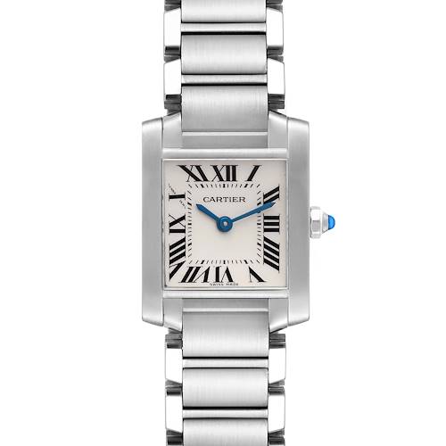 The image shows a front view of a Cartier Tank Francaise W51008Q3 Women's Stainless Steel Silver Dial W51008Q3 Women's Stainless Steel Silver Dial watch, highlighting its rectangular dial, Roman numerals, and metal link bracelet.