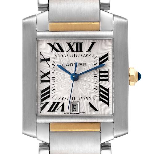 The image shows a front view of a Cartier Tank Francaise W51005Q4 Men's Steel and Gold (two tone) Silver Dial W51005Q4 Men's Steel and Gold (two tone) Silver Dial watch, highlighting the face, hands, crown, and part of the bracelet.