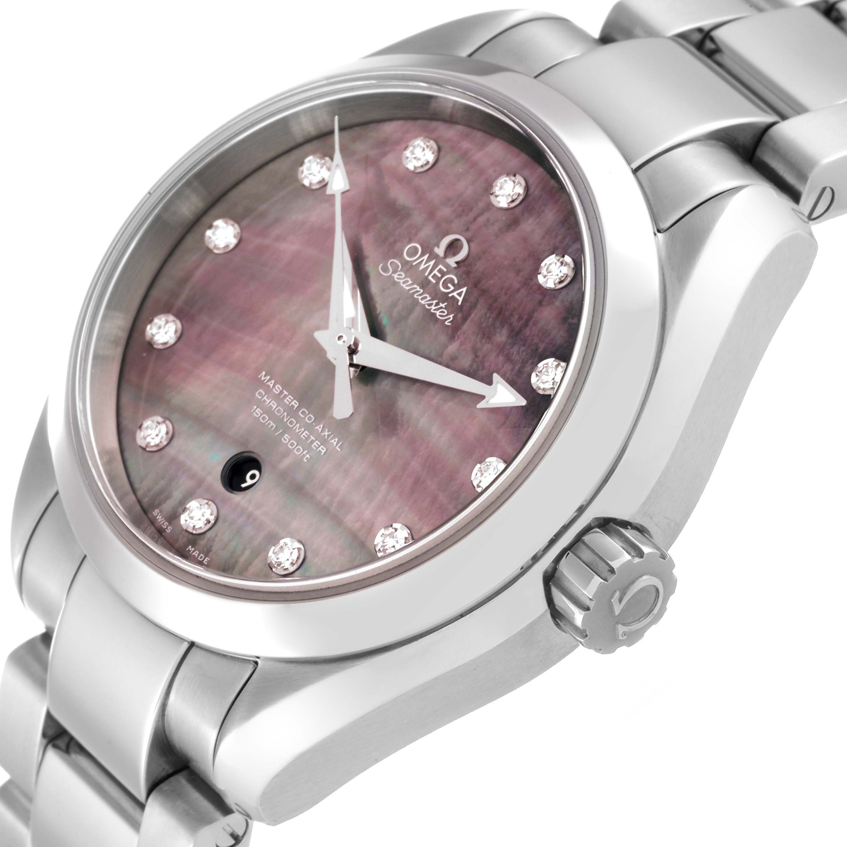 The image shows an angled close-up of the Omega 231.10.34.20.57.001 Women's Stainless Steel Mother of Pearl Dial 231.10.34.20.57.001 Women's Stainless Steel Mother of Pearl Dial Aqua Terra 34 MOP Diamond Ladies Watch 231.10.34.20.57.001, highlighting the dial and crown.