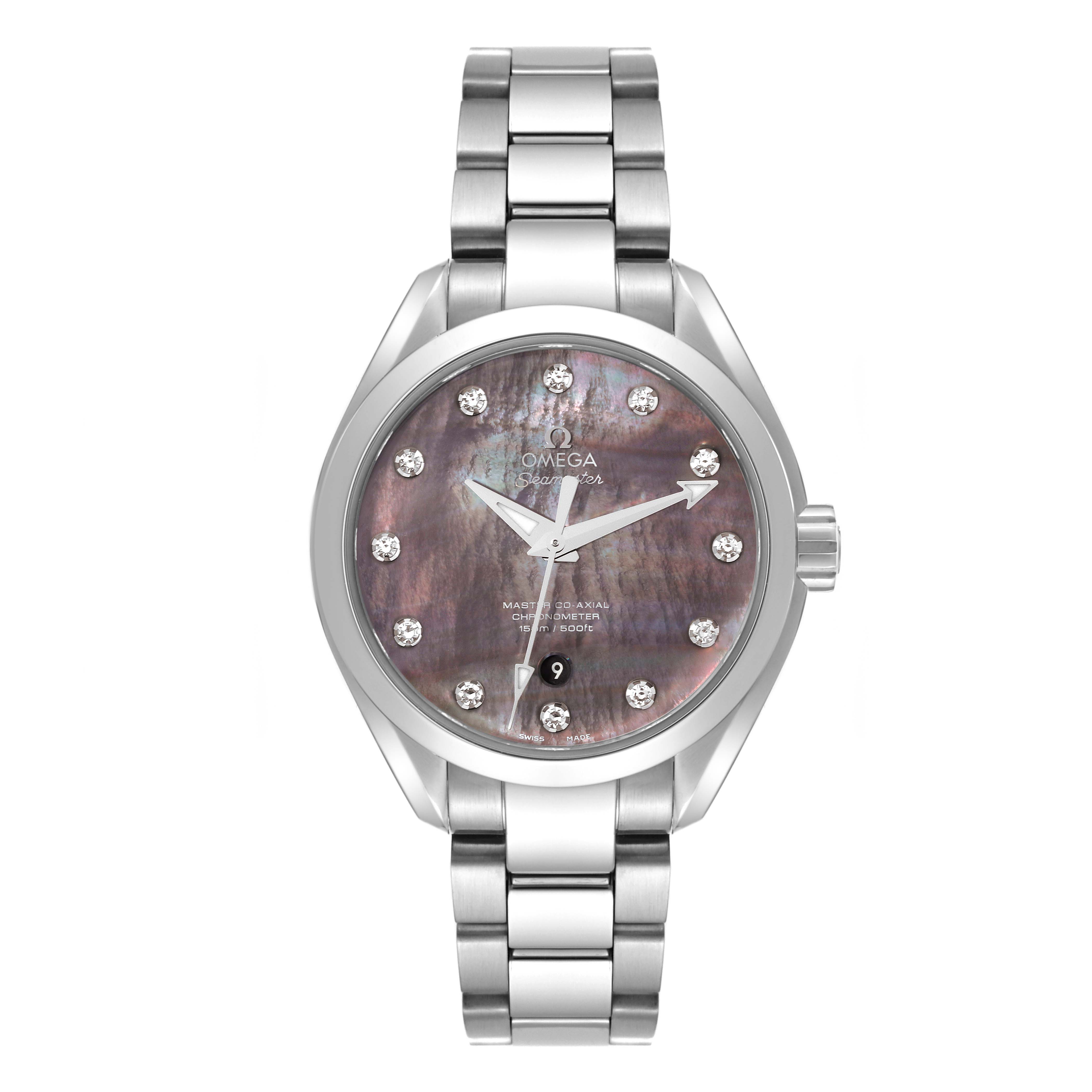 The Omega 231.10.34.20.57.001 Women's Stainless Steel Mother of Pearl Dial 231.10.34.20.57.001 Women's Stainless Steel Mother of Pearl Dial Aqua Terra 34 MOP Diamond Ladies Watch model 231.10.34.20.57.001 is shown from a front angle highlighting its face and bracelet.