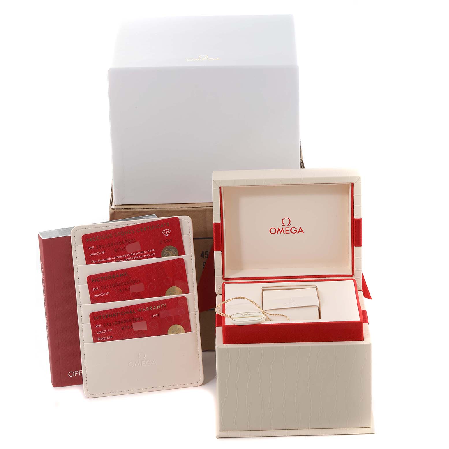 The image shows the packaging and accessories for the Omega 231.10.34.20.57.001 Women's Stainless Steel Mother of Pearl Dial 231.10.34.20.57.001 Women's Stainless Steel Mother of Pearl Dial Aqua Terra 34 MOP Diamond Ladies Watch 231.10.34.20.57.001 Unworn model.