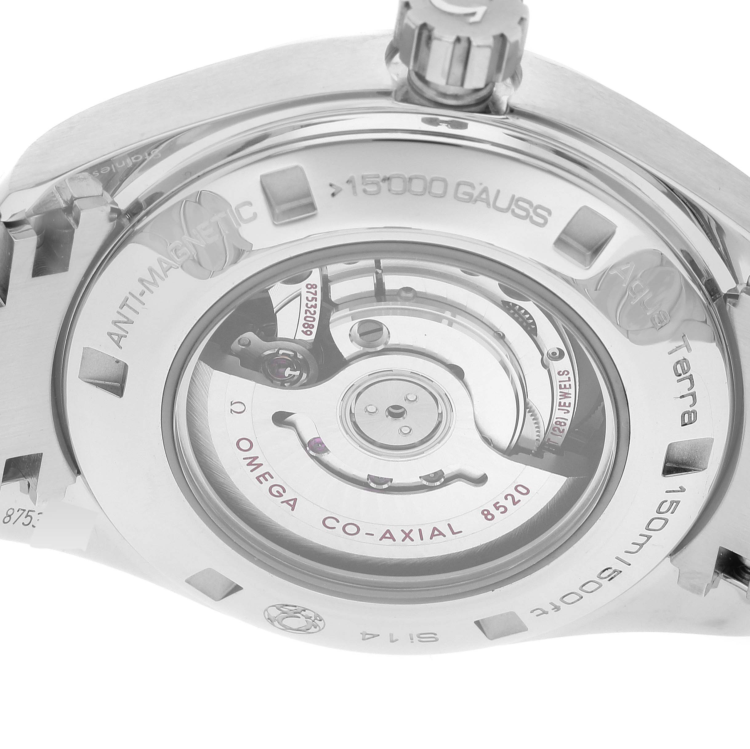 The image shows the back view of the Omega 231.10.34.20.57.001 Women's Stainless Steel Mother of Pearl Dial 231.10.34.20.57.001 Women's Stainless Steel Mother of Pearl Dial Aqua Terra 34 MOP Diamond Ladies Watch 231.10.34.20.57.001, highlighting its inner mechanism.