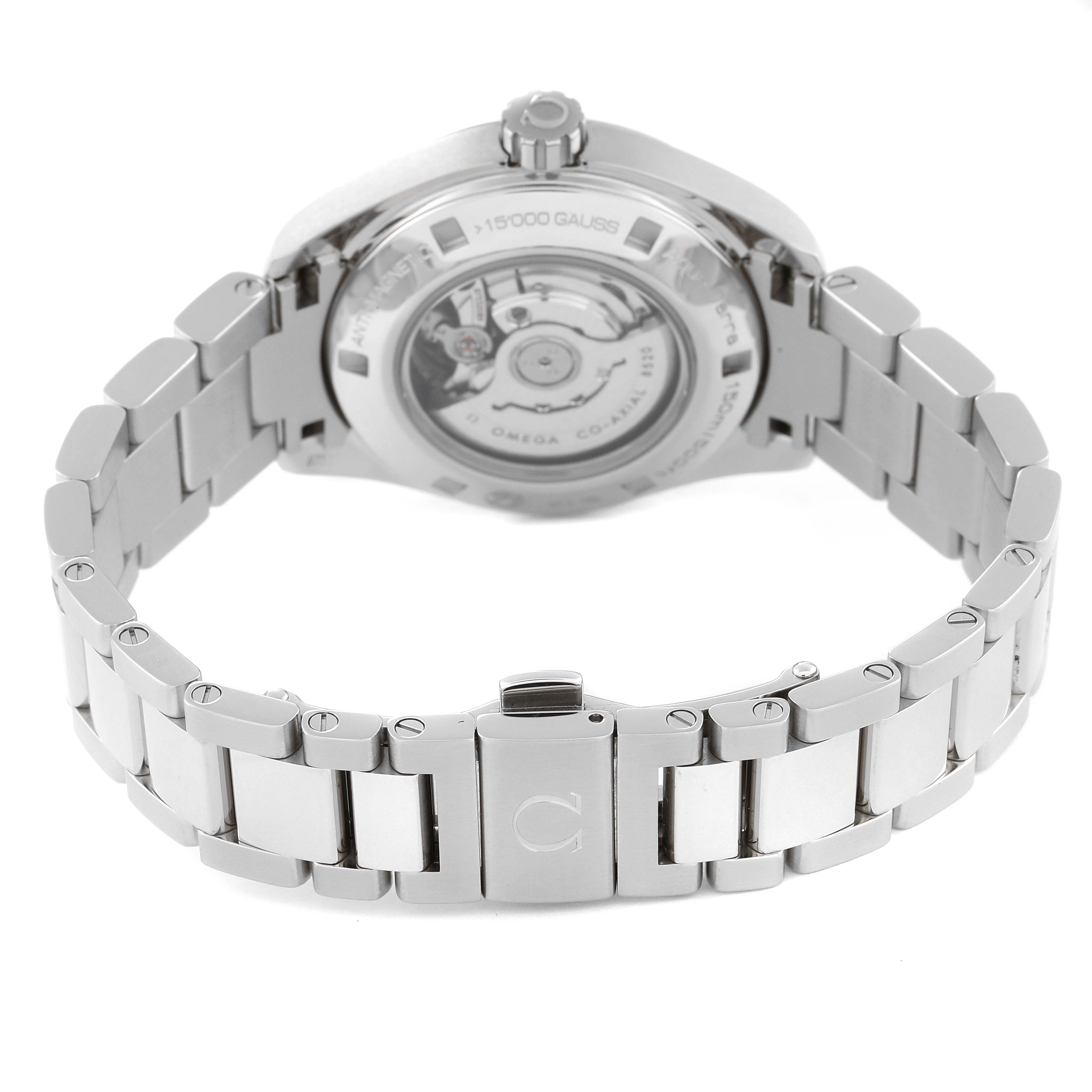 This image shows the back and bracelet of the Omega 231.10.34.20.57.001 Women's Stainless Steel Mother of Pearl Dial 231.10.34.20.57.001 Women's Stainless Steel Mother of Pearl Dial Aqua Terra 34 MOP Diamond Ladies Watch model 231.10.34.20.57.001.
