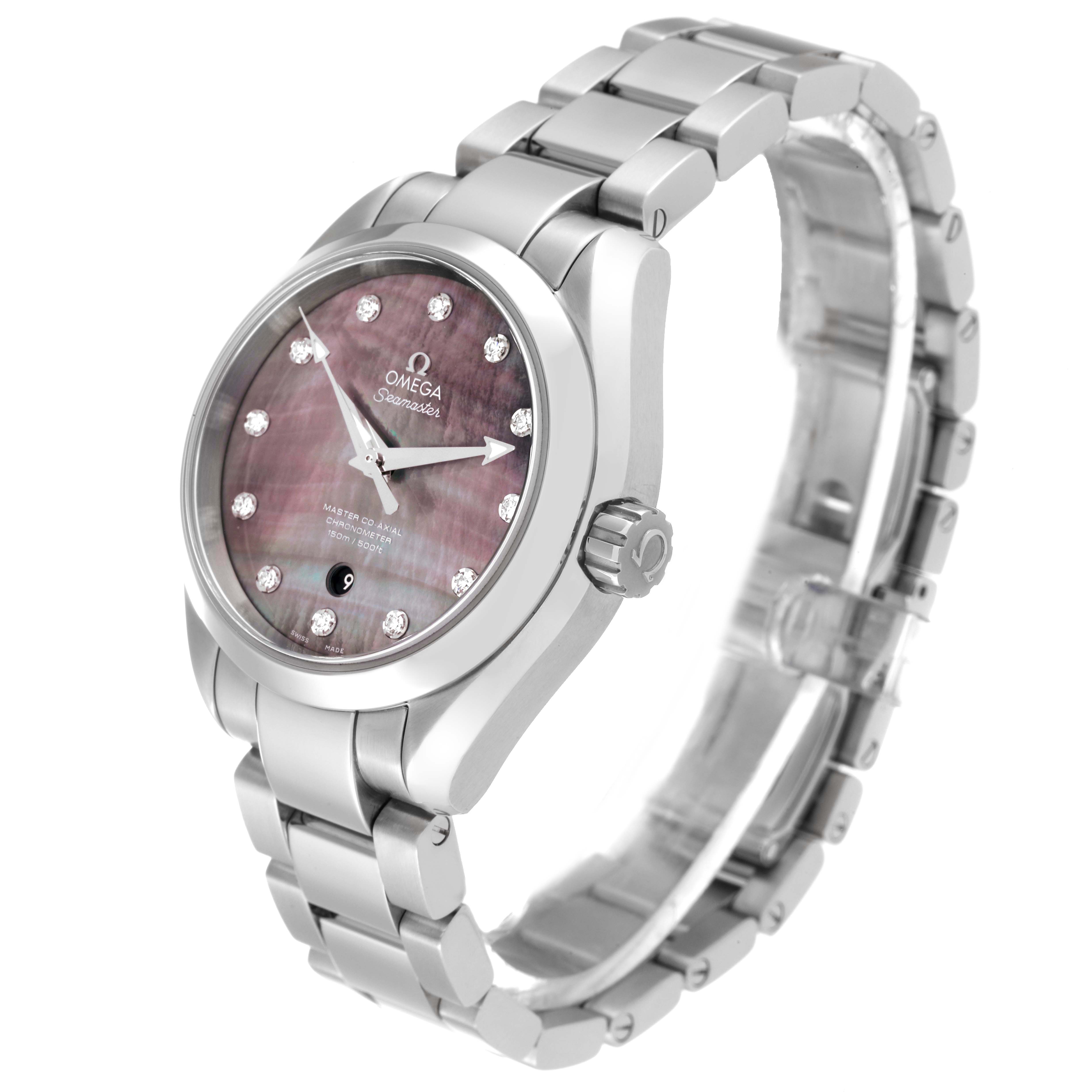 This is an angled front view of an Omega 231.10.34.20.57.001 Women's Stainless Steel Mother of Pearl Dial 231.10.34.20.57.001 Women's Stainless Steel Mother of Pearl Dial Aqua Terra 34 MOP Diamond Ladies Watch, showcasing the dial and bracelet.