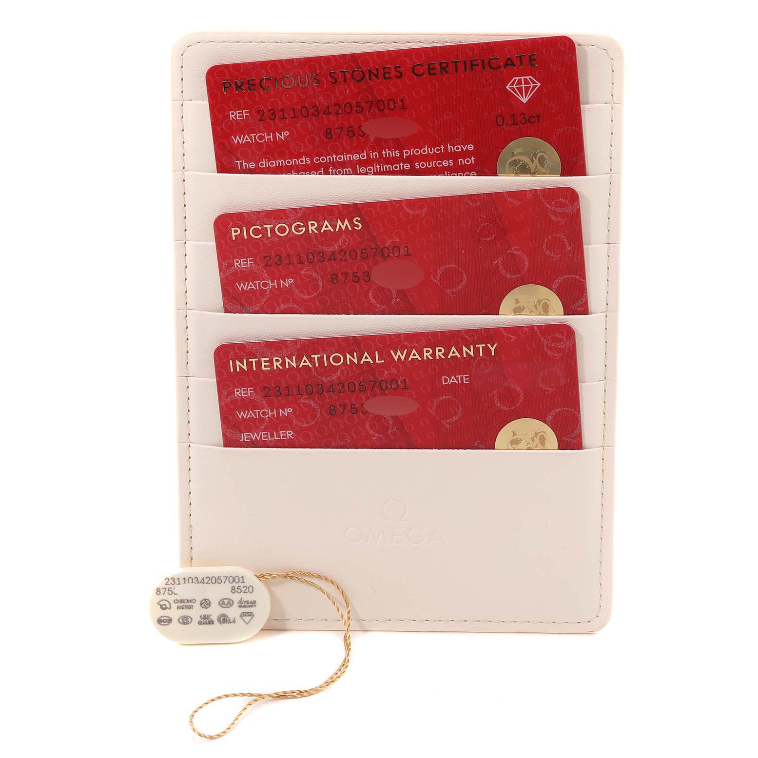 The image shows the warranty cards and certificate for an Omega 231.10.34.20.57.001 Women's Stainless Steel Mother of Pearl Dial 231.10.34.20.57.001 Women's Stainless Steel Mother of Pearl Dial Aqua Terra 34 MOP Diamond Ladies Watch, model 231.10.34.20.57.001.