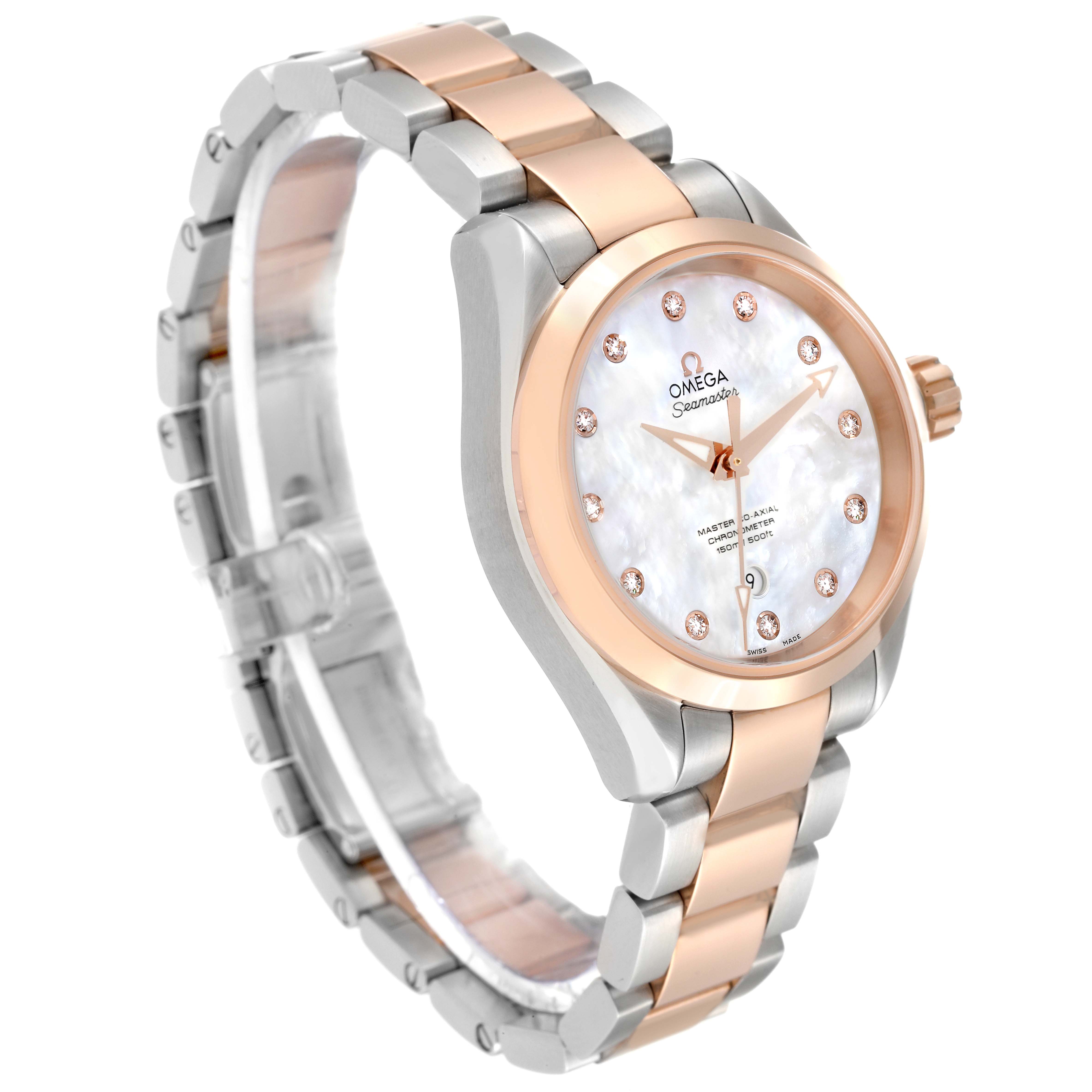 The Aqua Terra Rose Gold MOP Diamond Ladies Watch 231.20.34.20.55.001 by Omega 231.20.34.20.55.001 Women's Steel and Gold (two tone) Mother of Pearl Dial 231.20.34.20.55.001 Women's Steel and Gold (two tone) Mother of Pearl Dial is shown at a 3/4 angle displaying the face and band.