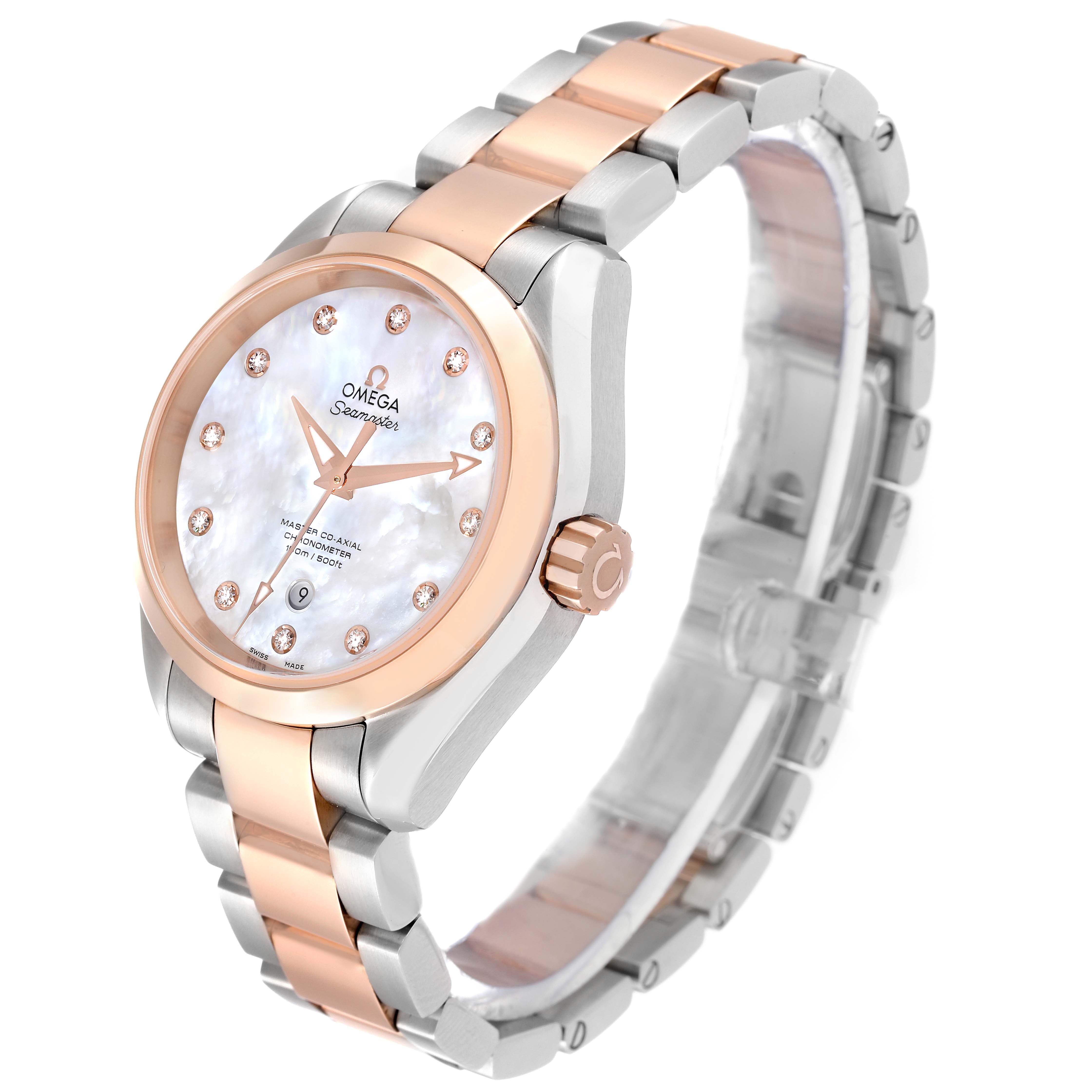 This image shows a front-left angled view of the Omega 231.20.34.20.55.001 Women's Steel and Gold (two tone) Mother of Pearl Dial 231.20.34.20.55.001 Women's Steel and Gold (two tone) Mother of Pearl Dial Aqua Terra Rose Gold MOP Diamond Ladies Watch model 231.20.34.20.55.001.