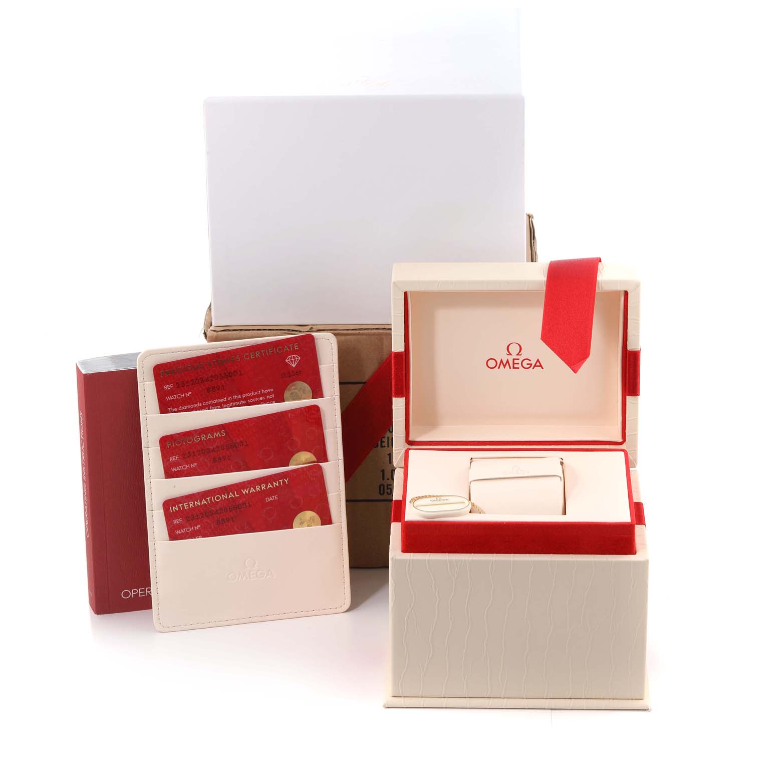 The image shows the packaging, warranty cards, and box for the Omega 231.20.34.20.55.001 Women's Steel and Gold (two tone) Mother of Pearl Dial 231.20.34.20.55.001 Women's Steel and Gold (two tone) Mother of Pearl Dial Aqua Terra Rose Gold MOP Diamond Ladies Watch model 231.20.34.20.55.001.