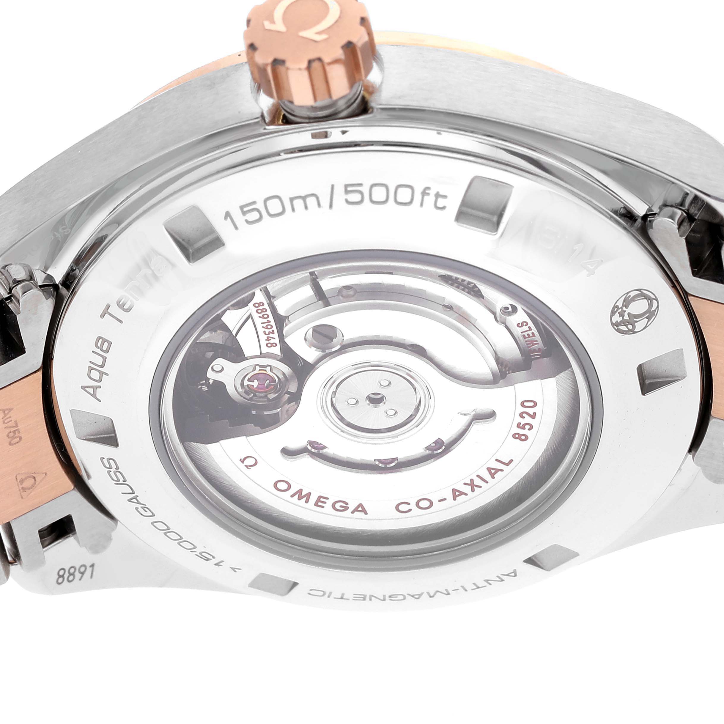 The image shows the back and crown of an Omega 231.20.34.20.55.001 Women's Steel and Gold (two tone) Mother of Pearl Dial 231.20.34.20.55.001 Women's Steel and Gold (two tone) Mother of Pearl Dial Aqua Terra Rose Gold MOP Diamond Ladies Watch model 231.20.34.20.55.001.