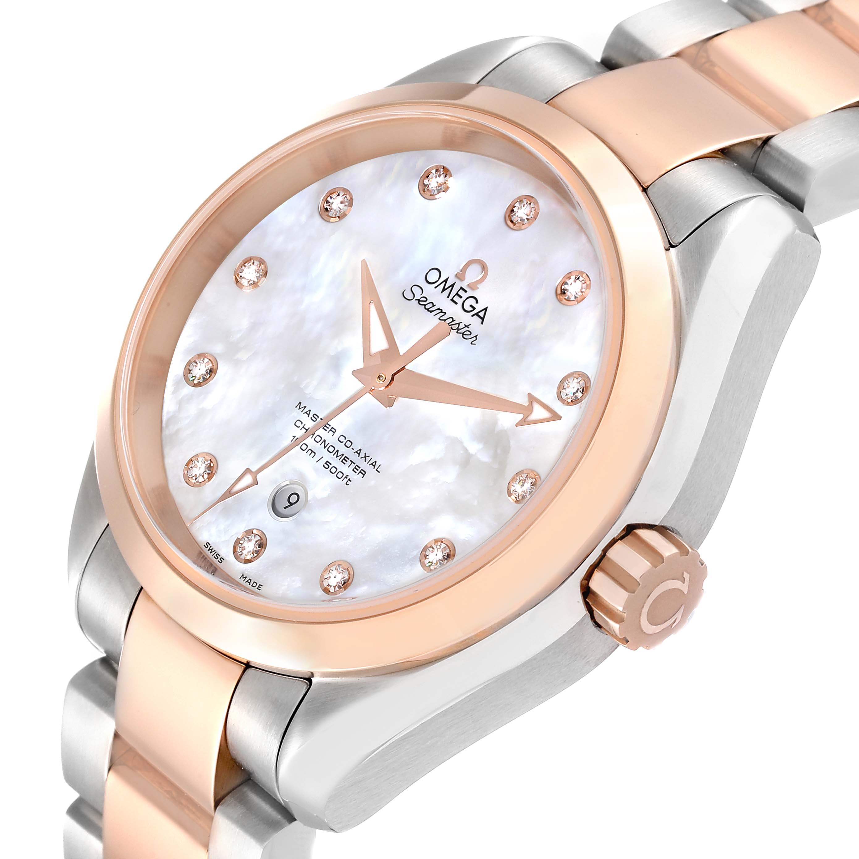 The image shows an angled close-up view of the Omega 231.20.34.20.55.001 Women's Steel and Gold (two tone) Mother of Pearl Dial 231.20.34.20.55.001 Women's Steel and Gold (two tone) Mother of Pearl Dial Aqua Terra Rose Gold MOP Diamond Ladies Watch, highlighting its dial and part of the bracelet.