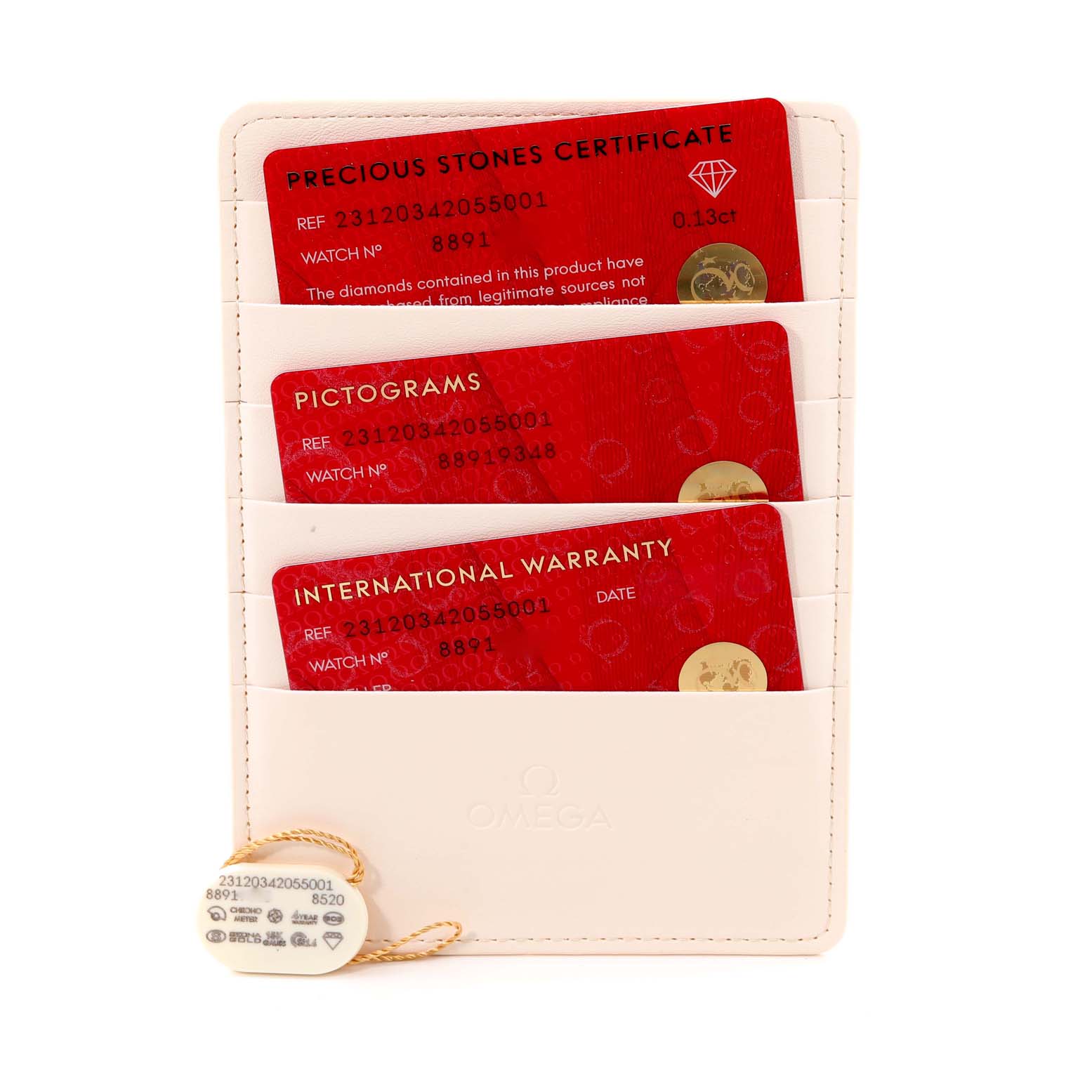 The image shows certification cards for the Omega 231.20.34.20.55.001 Women's Steel and Gold (two tone) Mother of Pearl Dial 231.20.34.20.55.001 Women's Steel and Gold (two tone) Mother of Pearl Dial Aqua Terra Rose Gold MOP Diamond Ladies Watch 231.20.34.20.55.001 and its tag.