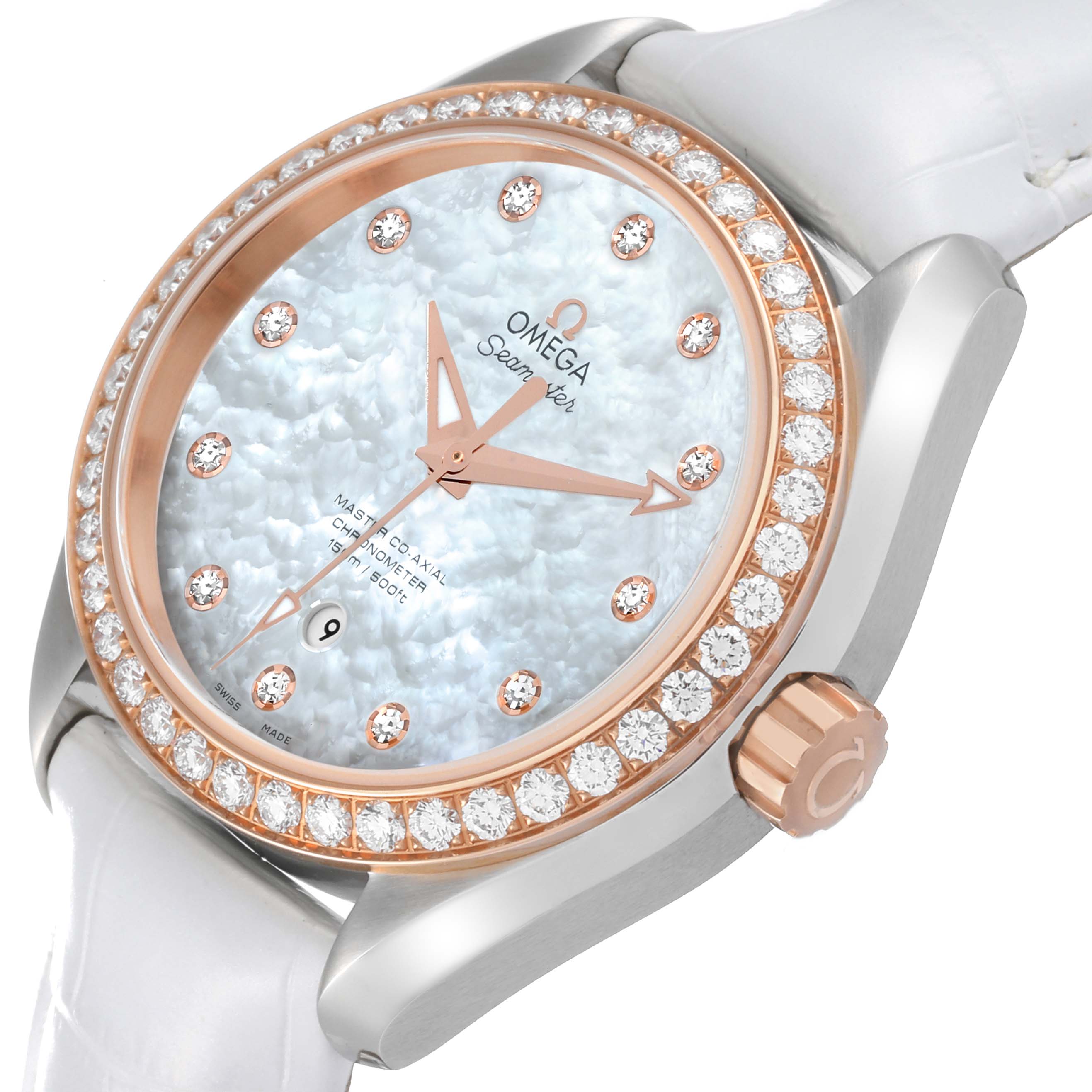 The image shows a front angle of the Omega 231.28.34.20.55.003 Women's Stainless Steel Mother of Pearl Dial 231.28.34.20.55.003 Women's Stainless Steel Mother of Pearl Dial Aqua Terra Steel Rose Gold Diamond Ladies Watch 231.28.34.20.55.003.
