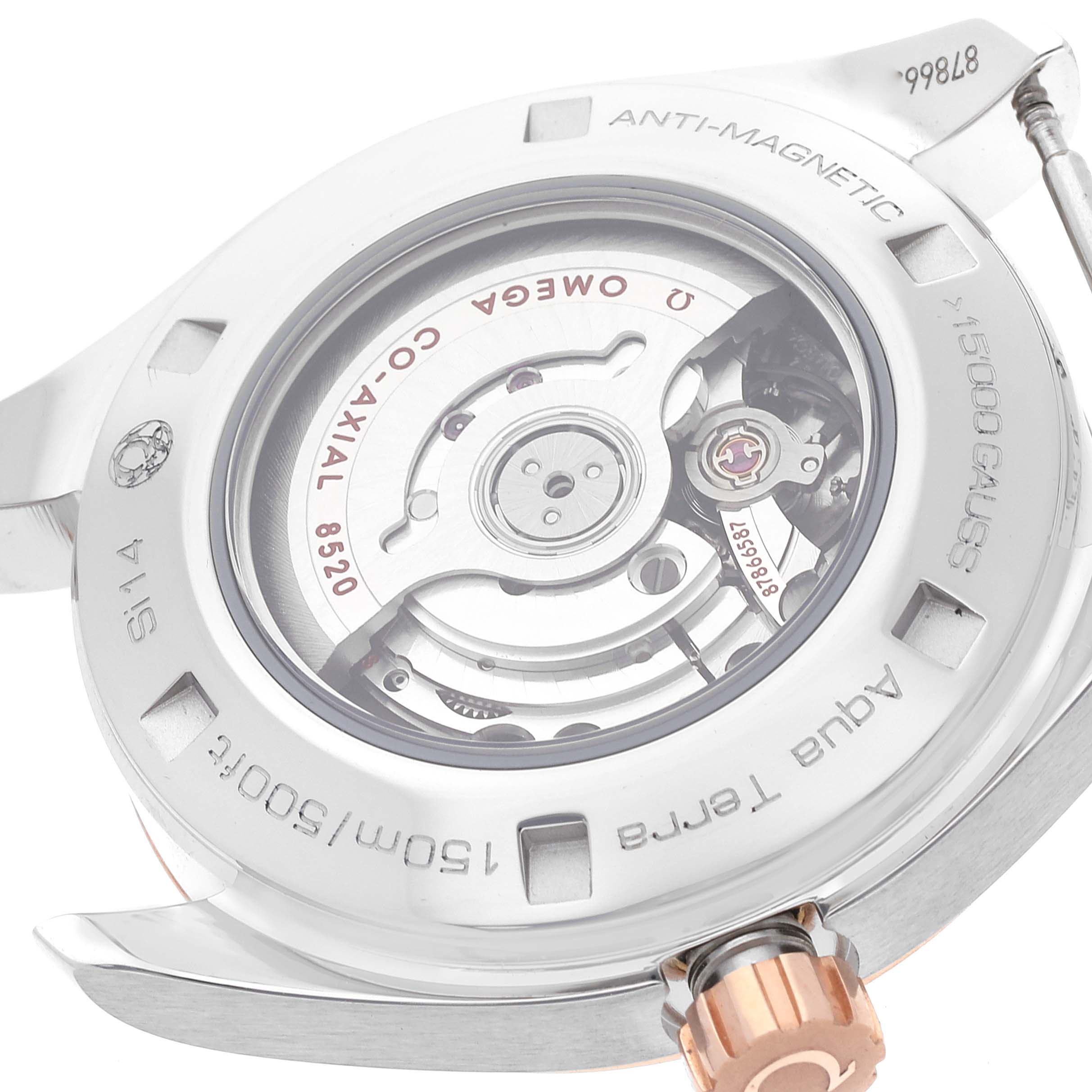 The image shows the case back and movement of the Omega 231.28.34.20.55.003 Women's Stainless Steel Mother of Pearl Dial 231.28.34.20.55.003 Women's Stainless Steel Mother of Pearl Dial Aqua Terra Steel Rose Gold Diamond Ladies Watch 231.28.34.20.55.003 model.