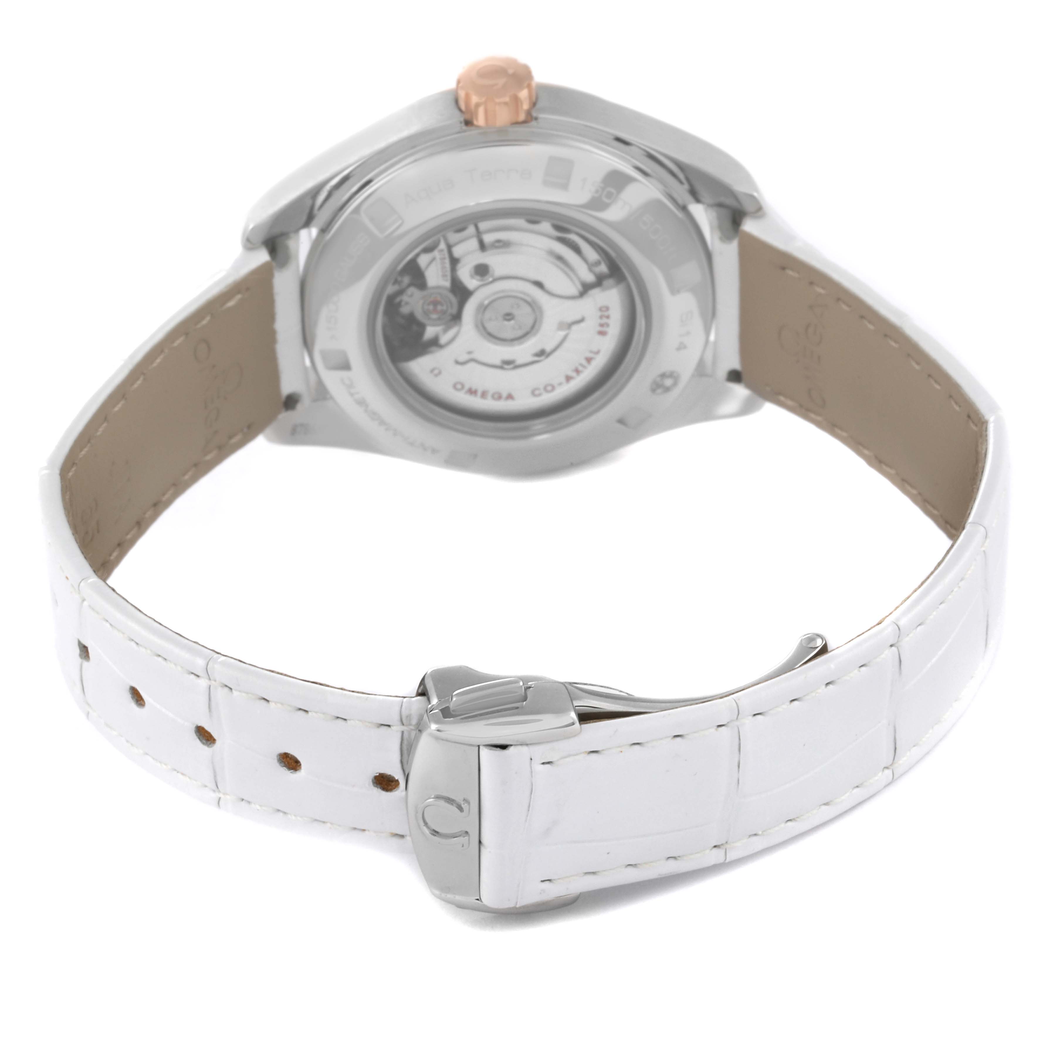 The image shows the back view of the Omega 231.28.34.20.55.003 Women's Stainless Steel Mother of Pearl Dial 231.28.34.20.55.003 Women's Stainless Steel Mother of Pearl Dial Aqua Terra Steel Rose Gold Diamond Ladies Watch 231.28.34.20.55.003 with a white strap.