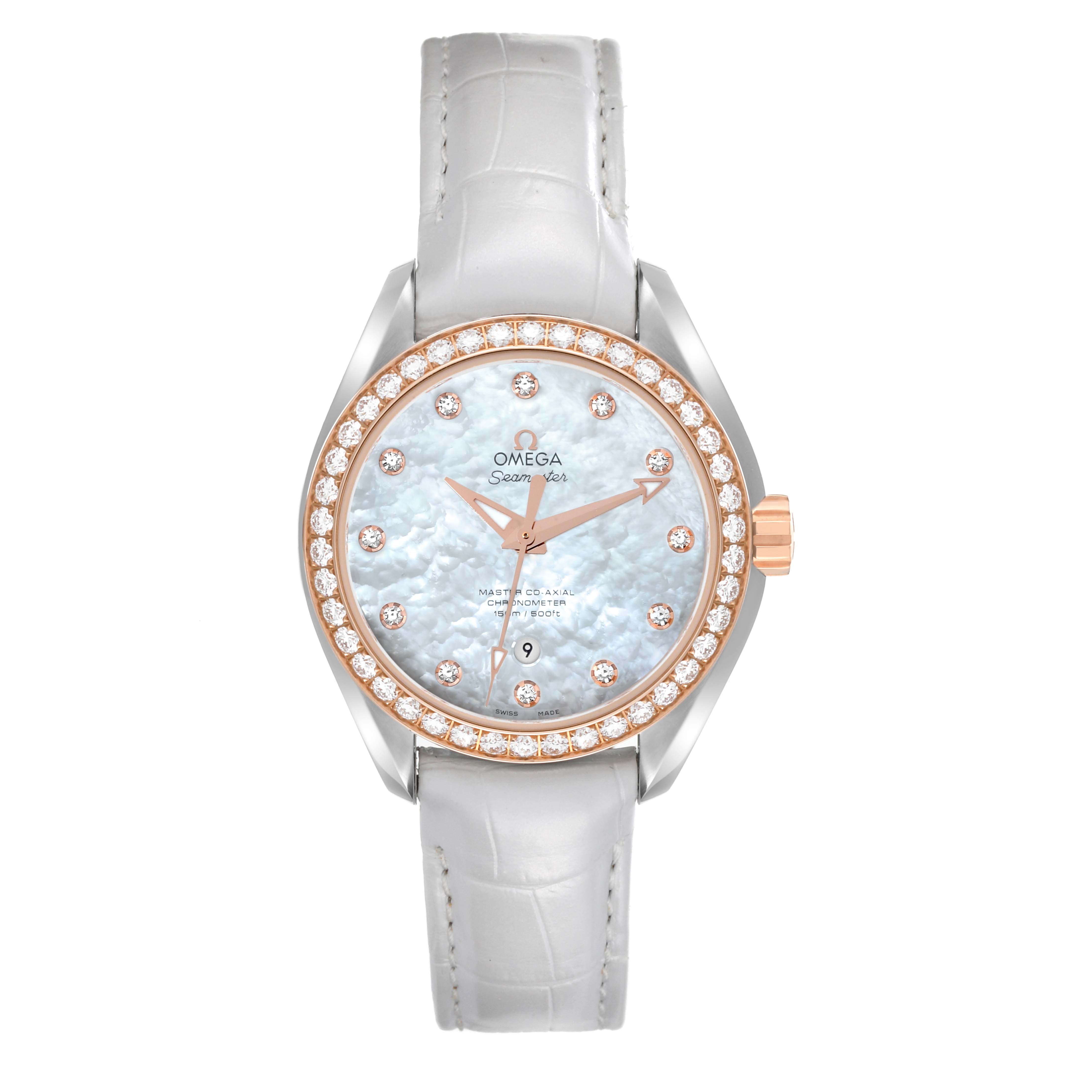 The Omega 231.28.34.20.55.003 Women's Stainless Steel Mother of Pearl Dial 231.28.34.20.55.003 Women's Stainless Steel Mother of Pearl Dial Aqua Terra Steel Rose Gold Diamond Ladies Watch 231.28.34.20.55.003 is shown from the front, displaying its face and strap.