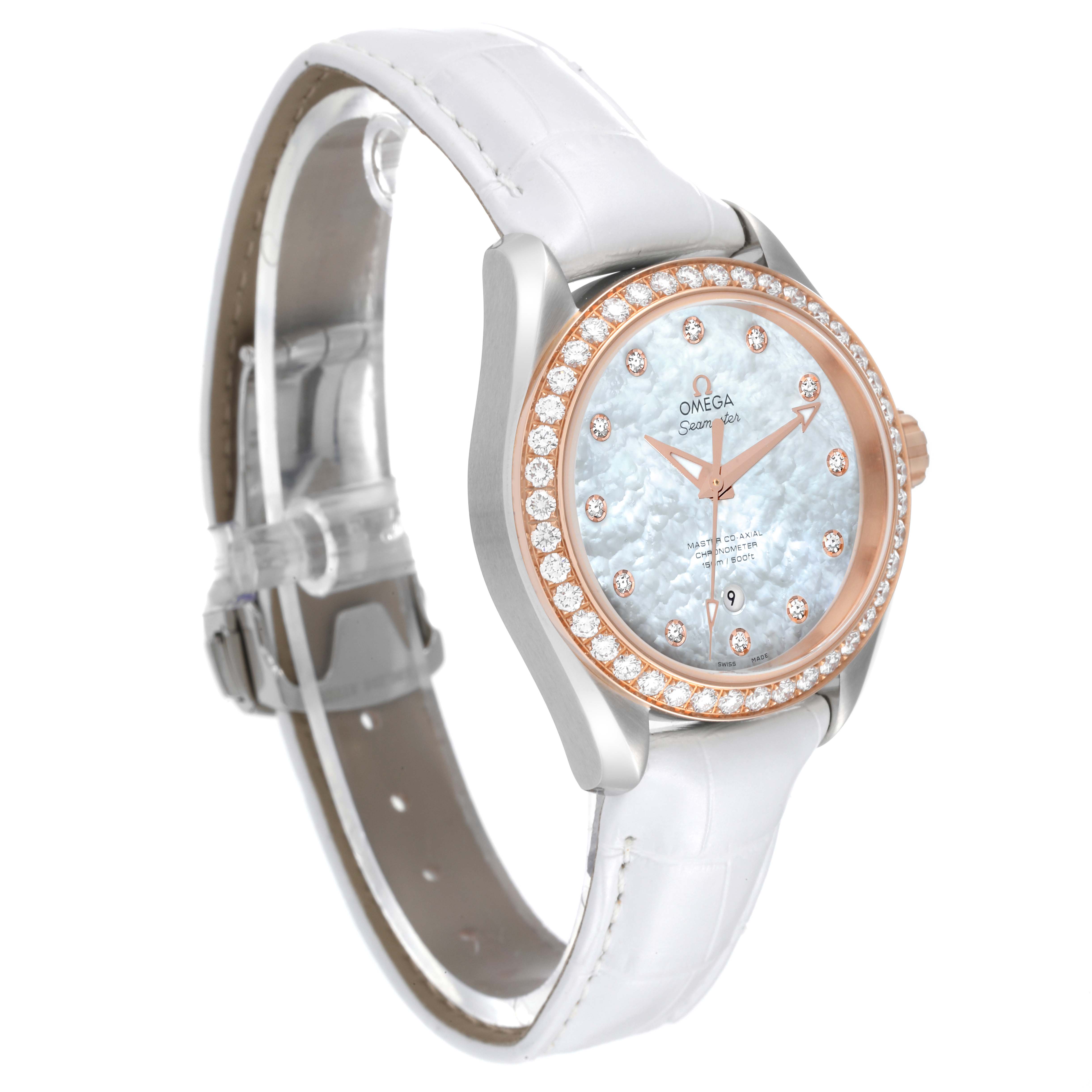 The Omega 231.28.34.20.55.003 Women's Stainless Steel Mother of Pearl Dial 231.28.34.20.55.003 Women's Stainless Steel Mother of Pearl Dial Aqua Terra Steel Rose Gold Diamond Ladies Watch 231.28.34.20.55.003 is shown from a front-left angle, displaying the case, dial, and strap.