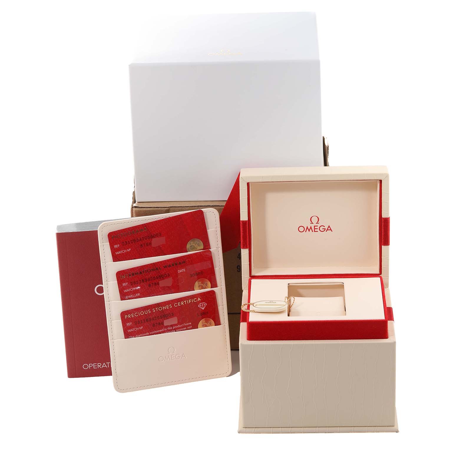 The image shows the packaging, certificates, and box of the Omega 231.28.34.20.55.003 Women's Stainless Steel Mother of Pearl Dial 231.28.34.20.55.003 Women's Stainless Steel Mother of Pearl Dial Aqua Terra Steel Rose Gold Diamond Ladies Watch 231.28.34.20.55.003.