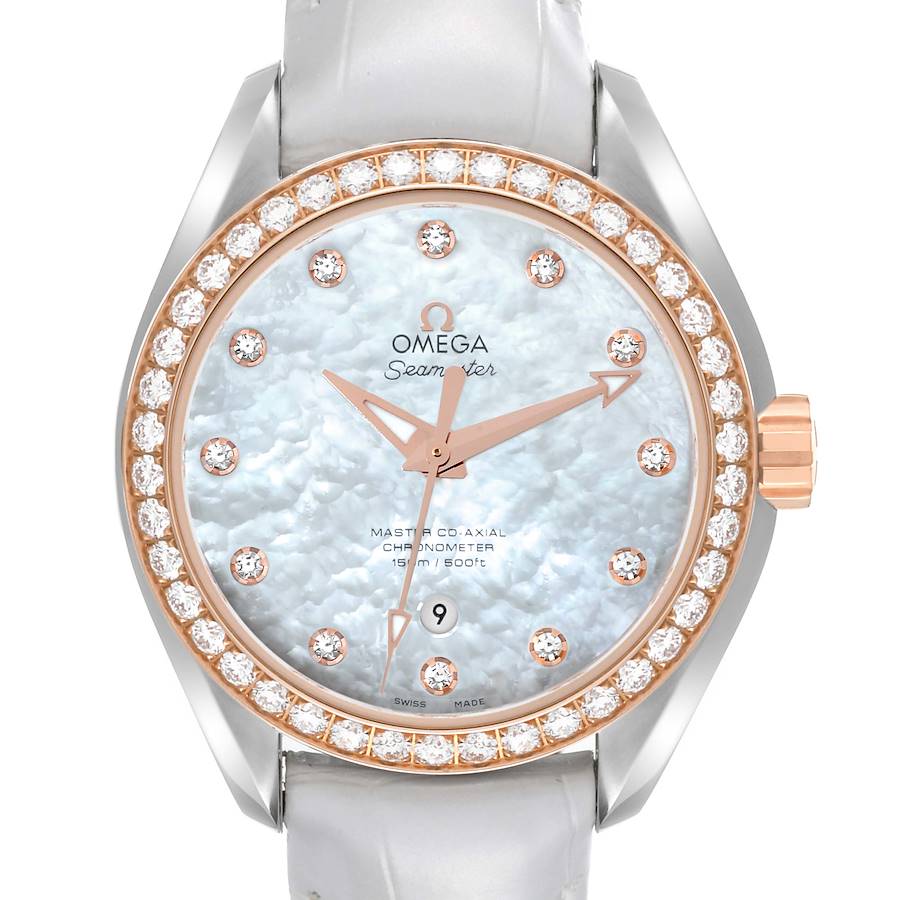 The image shows the front view of the Omega 231.28.34.20.55.003 Women's Stainless Steel Mother of Pearl Dial 231.28.34.20.55.003 Women's Stainless Steel Mother of Pearl Dial Aqua Terra Steel Rose Gold Diamond Ladies Watch model 231.28.34.20.55.003.