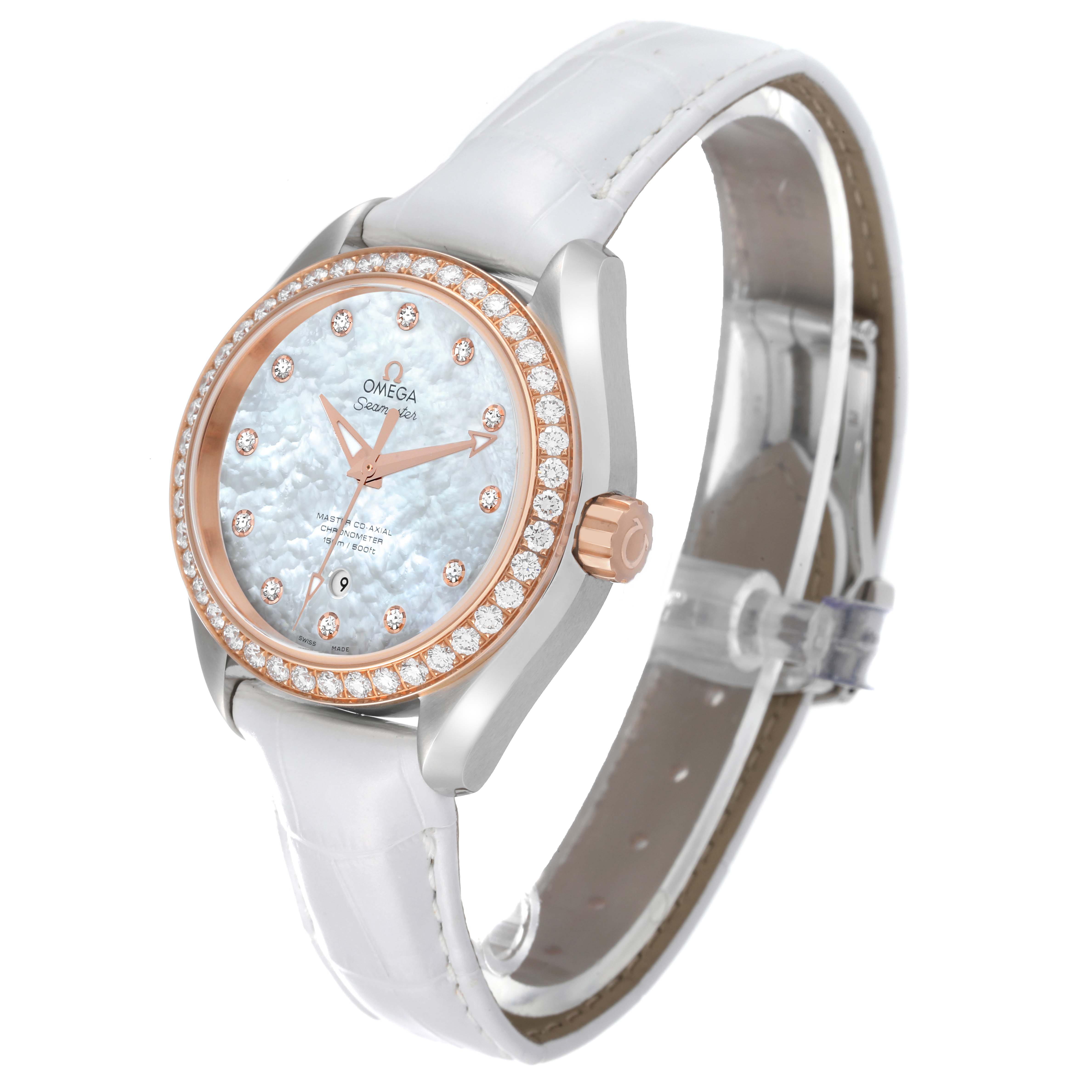 The image shows an angled side view of the Omega 231.28.34.20.55.003 Women's Stainless Steel Mother of Pearl Dial 231.28.34.20.55.003 Women's Stainless Steel Mother of Pearl Dial Aqua Terra Steel Rose Gold Diamond Ladies Watch 231.28.34.20.55.003, highlighting the bezel and strap.