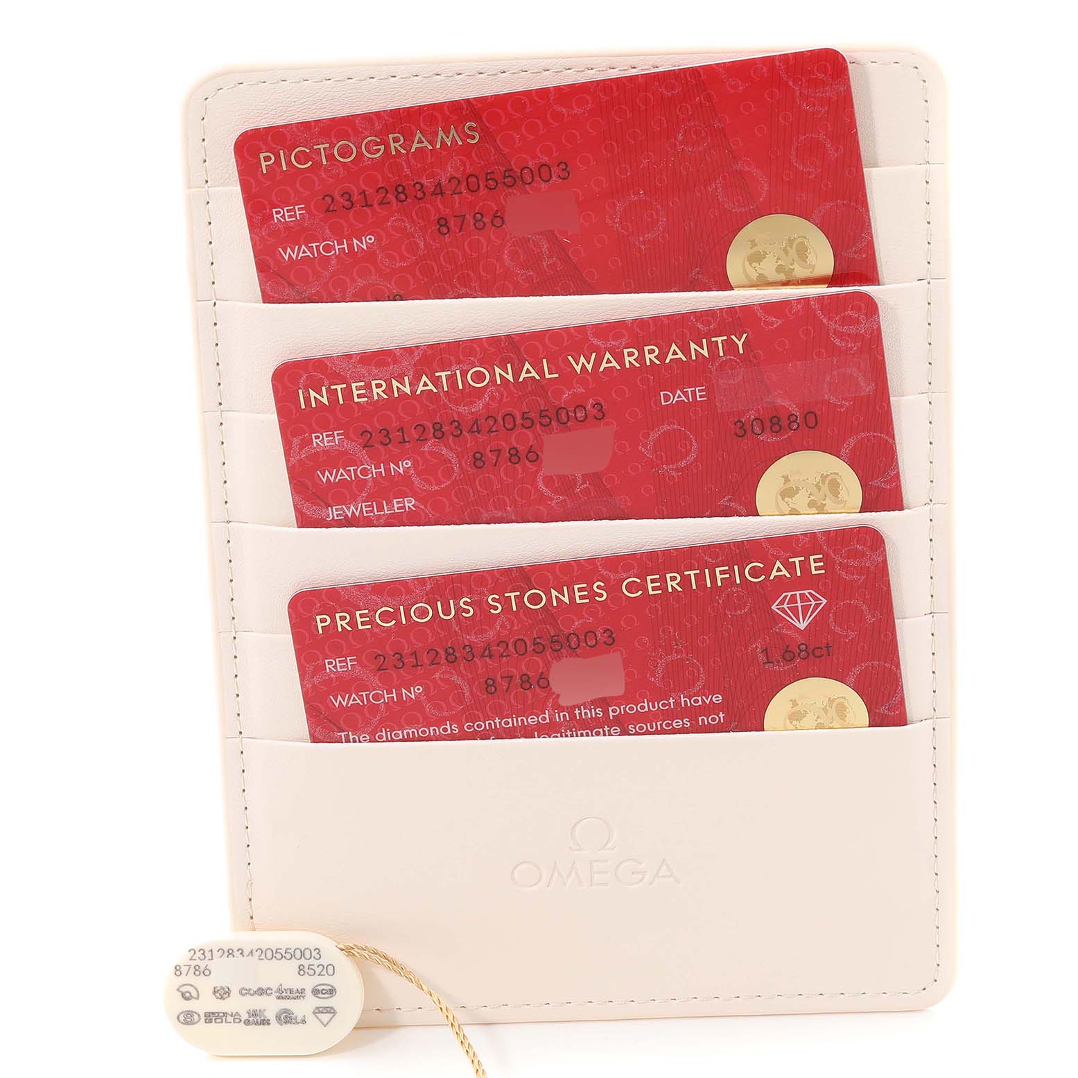 The image shows the documentation for an Omega 231.28.34.20.55.003 Women's Stainless Steel Mother of Pearl Dial 231.28.34.20.55.003 Women's Stainless Steel Mother of Pearl Dial Aqua Terra Steel Rose Gold Diamond Ladies Watch 231.28.34.20.55.003.